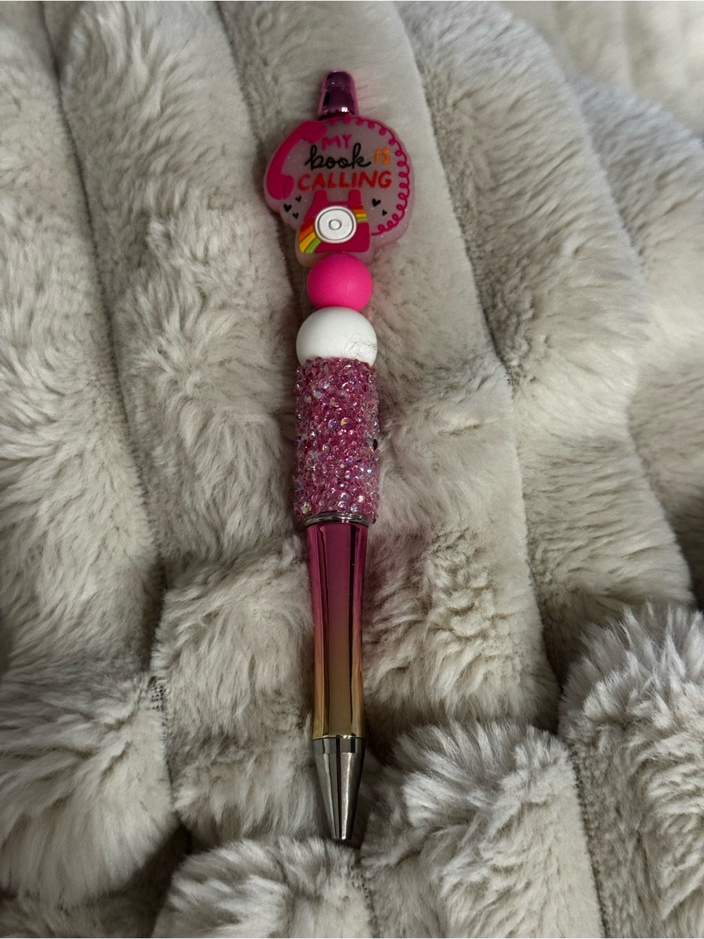 Pink Gradient Beaded Pen with 'My Book Is Calling' Charm